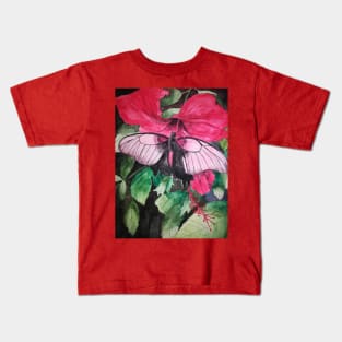 Pink butterfly and red hibiscus flower Kids T-Shirt